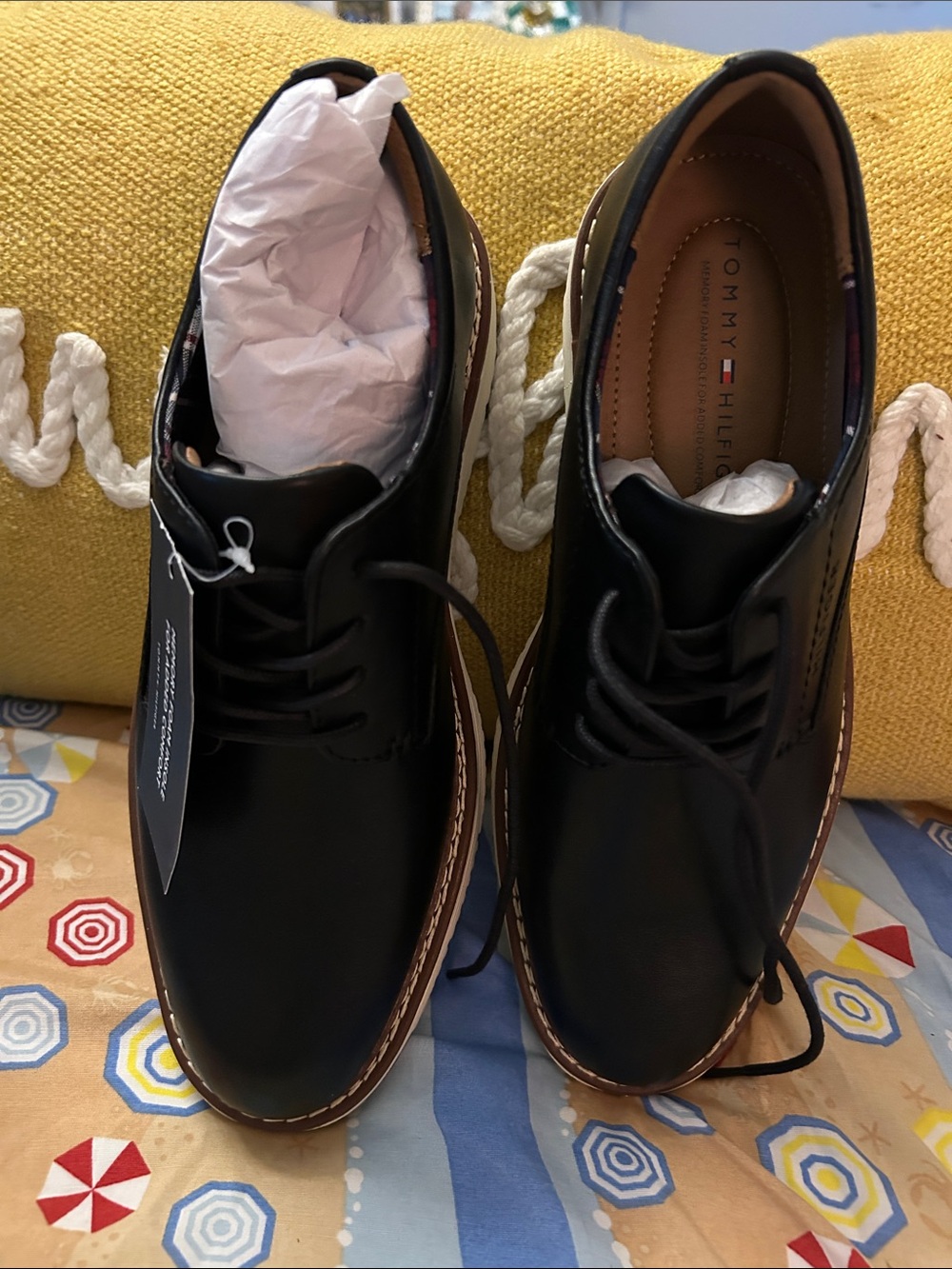 Tommy Hilfiger Black Leather Derby Shoes with Brown Trim